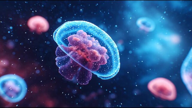 Glowing jellyfish bioluminescent ocean underwater macro marine life translucent medusa neon plankton deep sea blue bokeh dreamy aquatic surreal glow drift calmly through water, microplastic particle