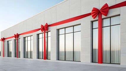 Minimalist Architecture Accented With Red Ribbons And Shimmering Frosted Windowpanes Merging Modern Design, Festive Sophistication, And The Subtle Elegance Of Seasonal Decoration  