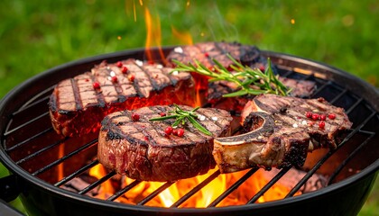 Grilled steaks sizzling over hot coals, garnished with herbs and peppercorns, outdoors against green grass
