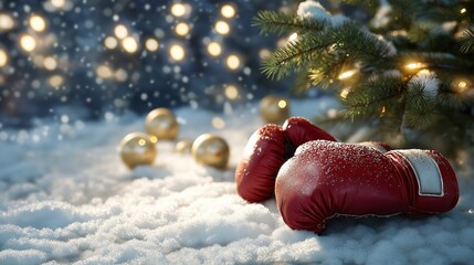 Boxing gloves resting in snow next to a small decorated Christmas tree, scattered baubles, twinkling fairy lights, warm winter lighting