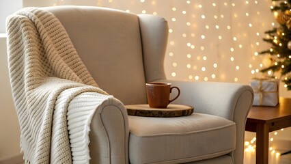 Cozy Reading Corner With Knit Blanket, Steaming Cocoa, And Glowing Fairy Lights Creating A Warm Winter Retreat Of Comfort, Relaxation, And Peaceful Holiday Joy At Home  