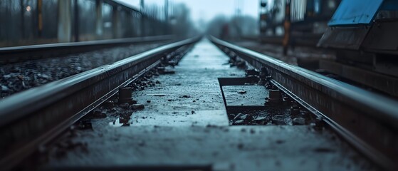Fototapeta premium A close-up view of a deserted railway track, highlighting the worn-out wooden beams and wet surface, creating a moody and atmospheric scene.