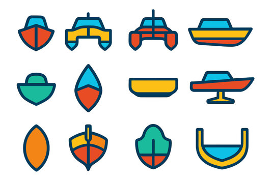 Vivid Hull Icons. Flat vector icons of hull design: monohull, catamaran, trimaran, planing hull, displacement hull, V-shaped hull,