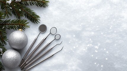 Dental tools arranged neatly on a snowy surface with pine branches and sparkling ornaments nearby, sterile yet festive holiday mood
