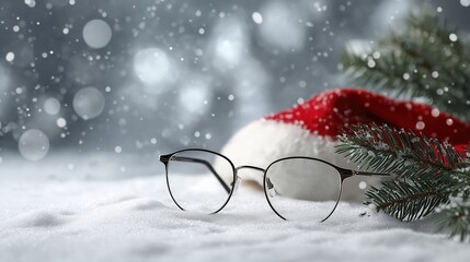 Eyeglasses resting on fresh snow, small decorated Christmas tree beside them, Santa hat gently placed on the frame