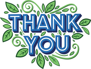 Thank You Text with Green Leaves and Swirls.