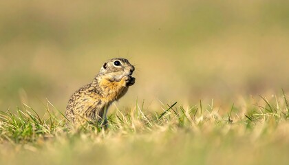 Ground squirrel sits in grassy field, looking alert, with light brown and tan fur, tiny paws held near its mouth