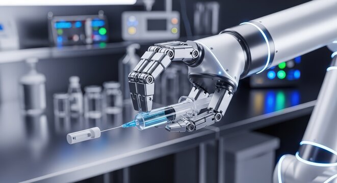 Robotic arm holding syringe with vaccine. Automation in medicine and pharmacy. Future of drug discovery and medical treatment concept.