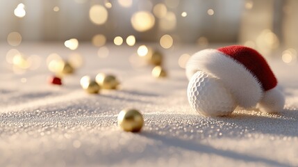 Golf ball in snow with Santa hat and scattered Christmas decorations around