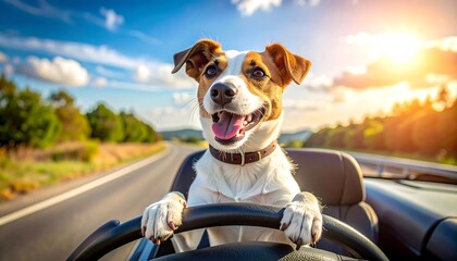 Happy Jack Russell-like dog drives on a road on a sunny day, ears flapping, tongue out, paws on wheel