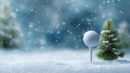 Golf tee in snow with ball on top, small decorated Christmas tree nearby, soft snowflakes falling