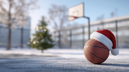 Hoop in snowy outdoor court, basketball lying beneath, Santa hat on ball, small Christmas tree nearby, minimalistic, soft bokeh, empty space for holiday greeting