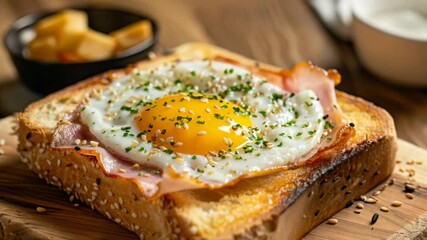 delicious fried egg sandwich on dark rustic wooden background with ingredients. Menu, recipe. Breakfast. Tasty toasts with bacon and fried egg. Hot French toasts with ham cheese and egg. Close up - Powered by Adobe