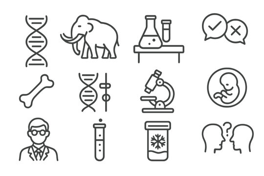 De-Extinction Line Icons. Line style icons of de-extinction: DNA sequence, ancient animal, lab, controversy; fossil bone, genetic