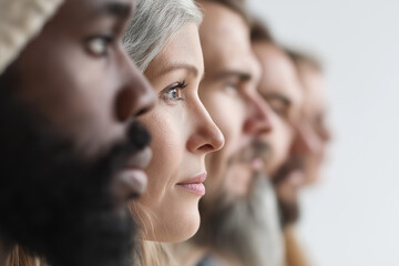 Fototapeta premium Line of five diverse people in profile for promoting diversity, teamwork, equality, or representing various cultures in business presentations or publications.