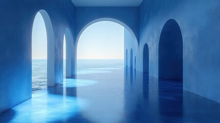 Obraz premium A tranquil scene featuring a blue archway framing a wide expanse of water beneath a bright, clear sky. Evokes feelings of peace and serenity.