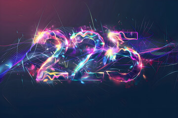 Dynamic Futuristic 225 Numbers Glowing with Neon Particles and Energetic Light Streaks on Dark Background.