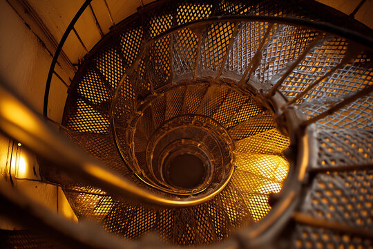 Spiral staircase in interior building, metal winds down in circular shape. Suitable for architecture, design, construction, and interior concepts.