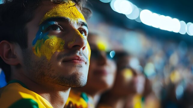 A passionate fan with painted face, watching a thrilling sports event. The atmosphere is electric, filled with excitement and anticipation as fans cheer for their favorite team.