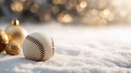 Snow-covered baseball field with ball on pitcher's mound, Santa mitt and ornaments nearby