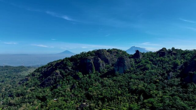 Sunrise Drone View of Nglanggeran Ancient Volcano and Merapi Merbabu Silhouette