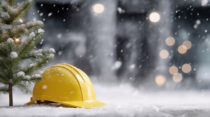 Yellow construction hard hat resting on fresh snow beside a small decorated Christmas tree