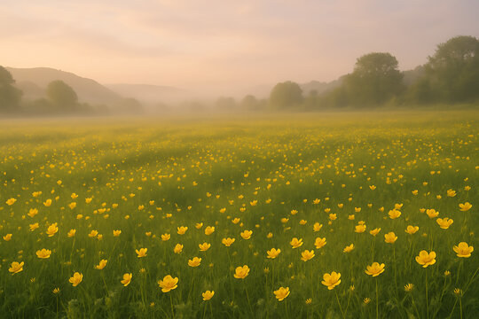 Buttercup wildflower fields in Ireland, dreamy soft light