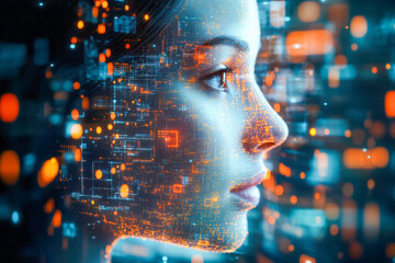 A womans profile is shown, surrounded by glowing circuitry and vibrant data patterns reflecting a blend of technology and humanity