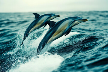 Two dolphins perform acrobatics above ocean waves during a tranquil dusk, highlighting their playful nature and the beauty of the sea