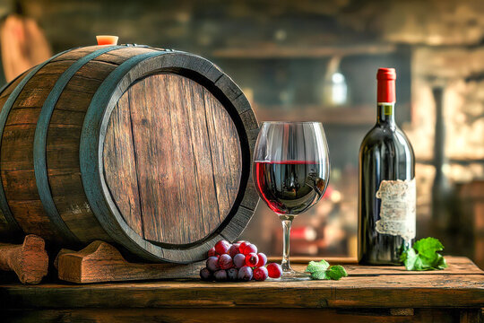 A wooden wine barrel sits beside a glass filled with red wine and fresh grapes, creating a cozy atmosphere in a rustic room