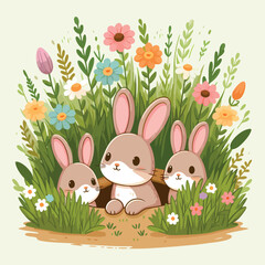 Three Adorable Bunnies in a Spring Flower Meadow