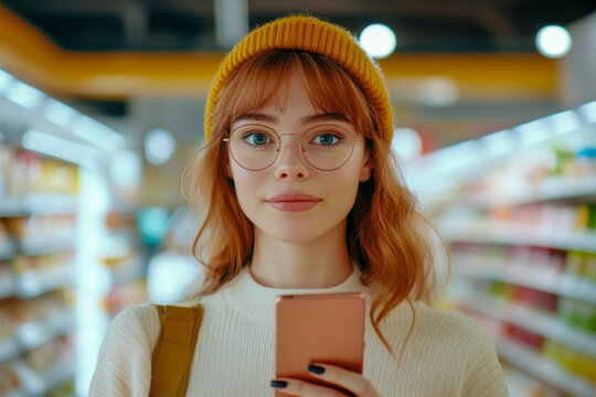 A young woman with red hair and glasses stands in a grocery store aisle, holding her smartphone and smiling at the camera - Powered by Adobe