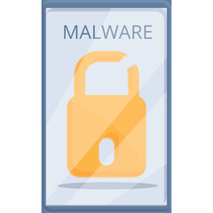 Digital Security Warning On Screen With Broken Lock Icon And Malware Text On Transparent Background