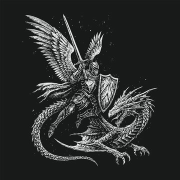 Winged Knight Fighting Dragon Fantasy Illustration