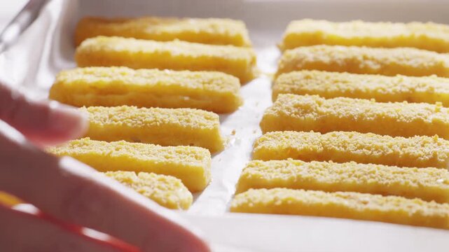 Breaded fish sticks are arranged in neat rows on parchment paper just from the oven. High quality 4k footage