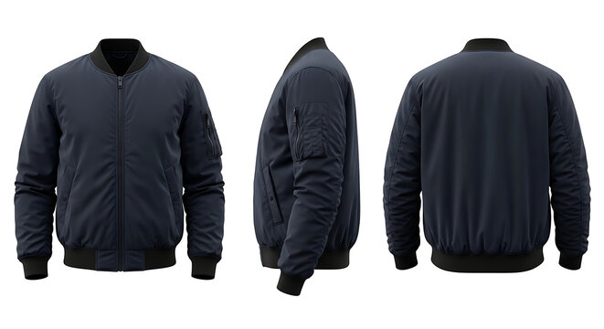 Men's dark blue bomber jacket mockup with front, side, and back views. Blank clothing template for fashion apparel design presentation
