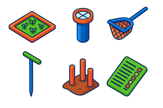 Habitat Survey Tools. Isometric vector illustration set Habitat Assessment: vegetation survey frame, canopy densitometer, aquatic