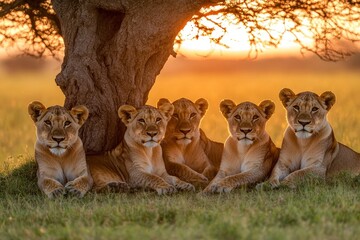 Wild African lions resting against the backdrop of the setting sun