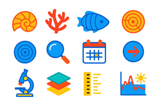 Sclerochronology Icon Set. Flat vector icons of sclerochronology concepts: mollusk shell, coral branch, fish otolith, growth ring,