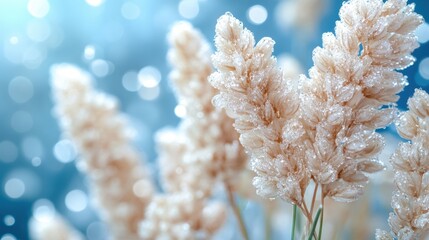Naklejka premium Delicate grass blades frosted with ice create a serene and ethereal winter scene. The image evokes a sense of tranquility and the beauty of nature's resilience.