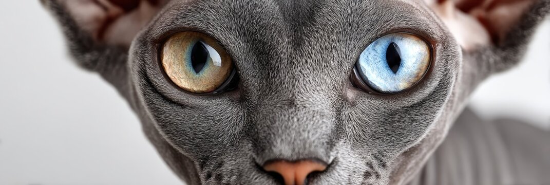 Close-up Portrait of a Charming Sphynx Cat with Heterochromia Eyes on a Clear White Background