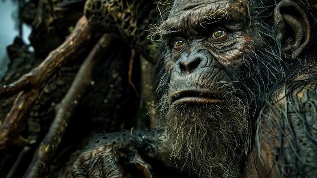 This captivating glimpse reveals an ancient hominid resting by the water. The early human seems to be in contemplation, a reminder of prehistoric human life. The stone age human is an early ancestor
