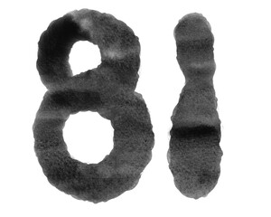 Watercolor Number eighty-one, 81, black color on transparent background, Abstract isolated background, Illustration, Alphabet handmade of number, Typography, Education, Set 1-100