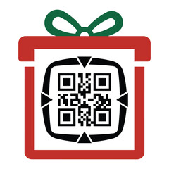 Digital gift concept illustration showing a red and white gift box with a green ribbon and a prominent QR code displayed inside. Represents modern holiday shopping, virtual gifts, coupons, and discoun