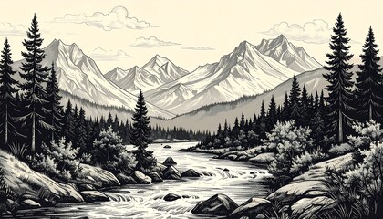 Grayscale scene River flowing amidst mountains & forests under a cloudy sky. Dramatic, peaceful, & detailed