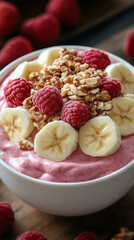 A delicious pink smoothie bowl is generously garnished with fresh red raspberries, ripe banana slices, and crunchy walnuts.