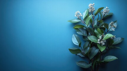 A serene and elegant composition featuring a delicate bouquet of white flowers and vibrant green leaves against a smooth blue background, evoking a sense of tranquility and sophistication.