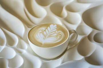 A latte with intricate art rests in a white cup, surrounded by a soft, wavy design that invites warmth and comfort