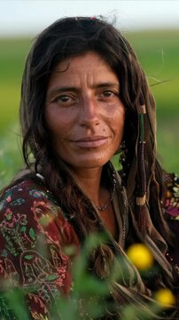 A dark-haired female gypsy sojourner is shown in a meadow setting. The romany wanderer is wearing traditional clothing and jewelry. She looks toward the horizon, a traveler, a nomad