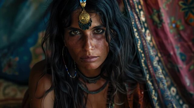 A striking image displaying a Roma female. The wanderer piercing gaze hints at stories from past travels as a gypsy, nomad, and itinerant sojourner